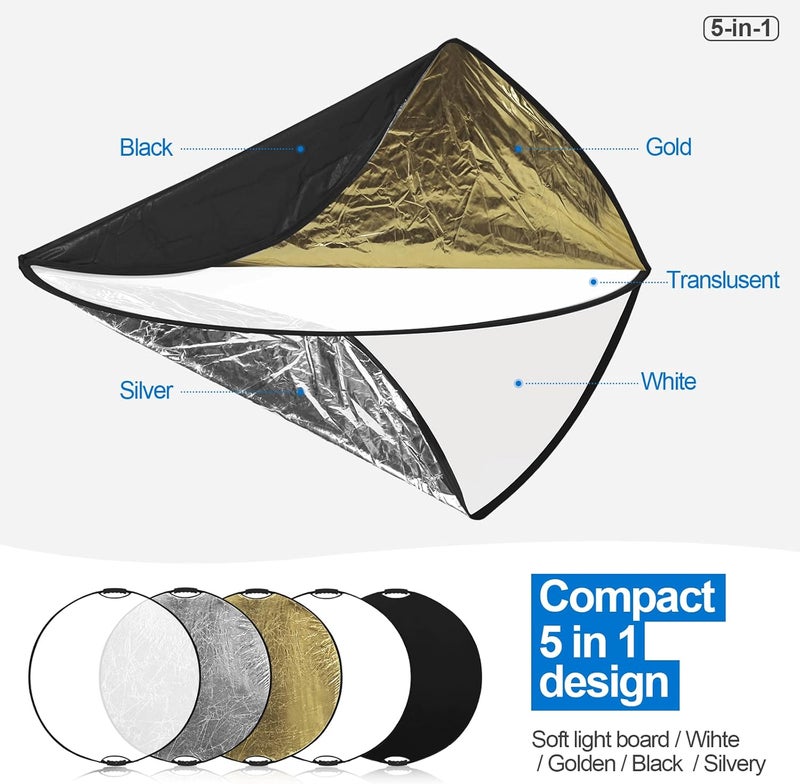 Wellmaking 43Inch/110cm Photography Light Reflector, Portable Foldable 5 in 1 Diffuser Reflectors with Bag & tilt Adapter for Studio & Outdoor Lighting-Translucent, Silver, Gold, White and Black - Image 2
